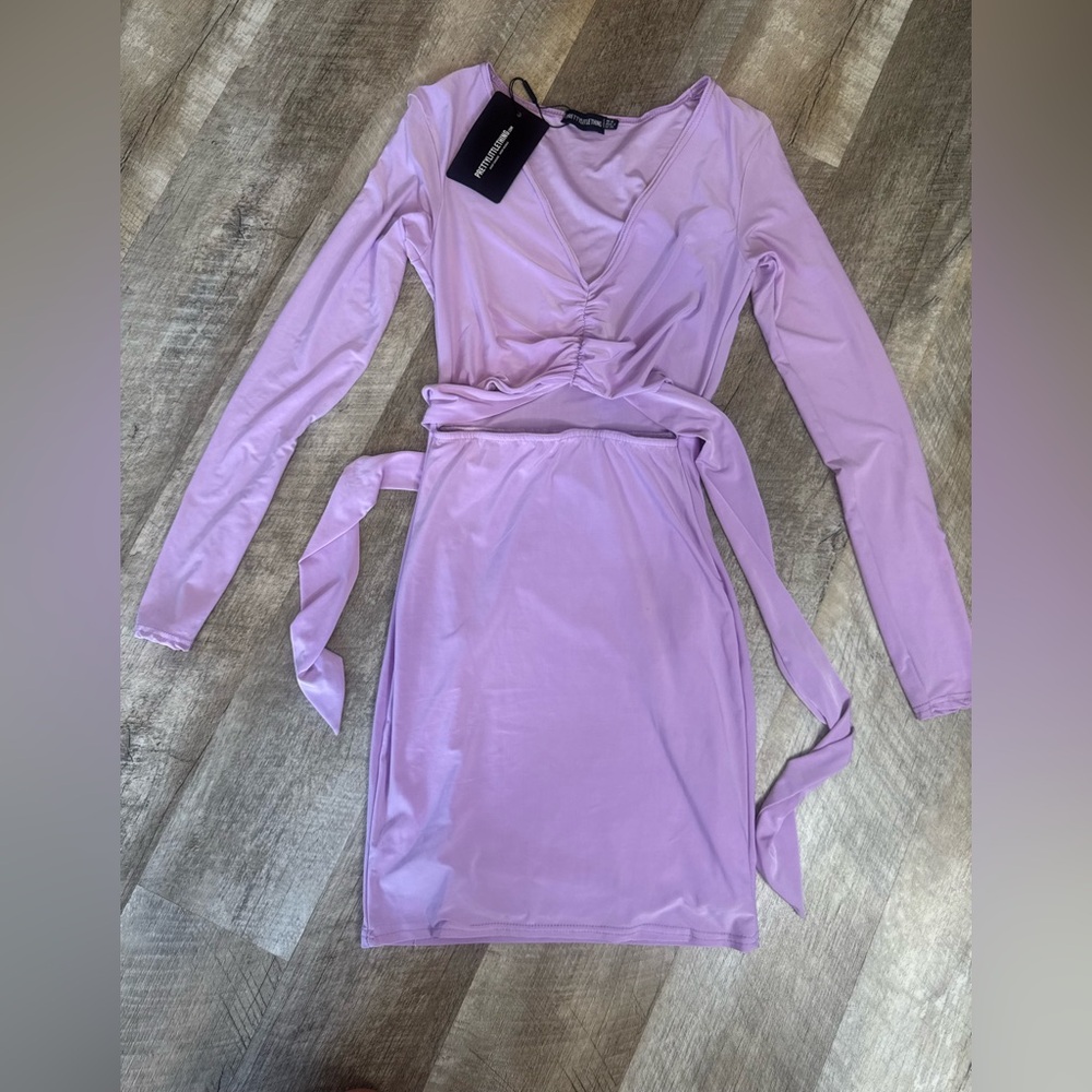 Pretty Little Thing lilac dress, size 4, tie front,  cutout, deep V  neck